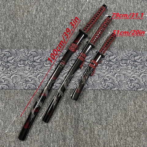 Red 3 Piece Samurai Sword Set With Display Stand Katana Collection Decorative Swords For Home Display And Collecting Short Medium And Long Blades With Elegant Black And Red Accents Perfect For Wall Mount Or Display Rack showing all three sword sizes on grey and patterned background.