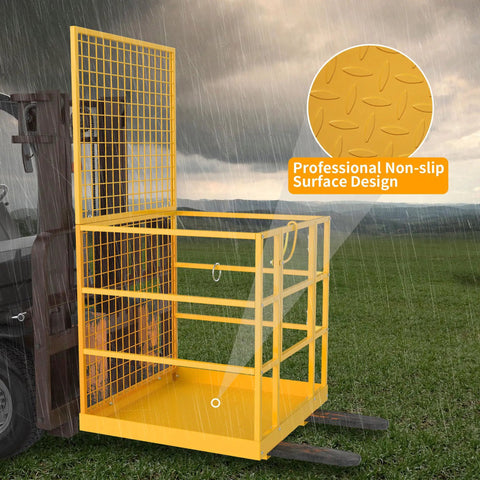 Tough As Nails Heavy Duty Forklift Man Basket And Safety Cage With 1300 Pound Capacity, non-slip surface, yellow steel design.