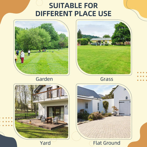 Collage showing places to set up Dog Agility Weave Poles Set: garden, grass, yard, flat ground for outdoor exercise.