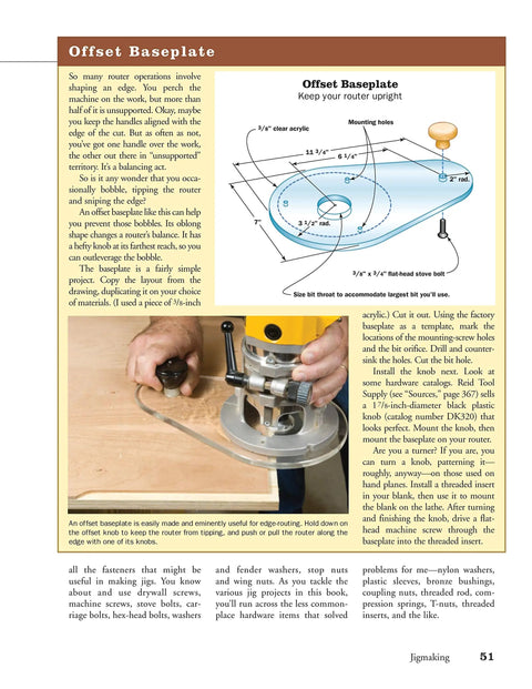 Router Mastery For Woodworkers: Pro Techniques, Jigs, And Edge Work You Can Use Right Now, Revised And Updated Guide To Surfacing, Joint Edges, Moldings, Curve Cuts, And Shaping Furniture Parts. offset baseplate diagram and router on wood