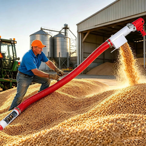 Heavy Duty Portable Grain Transfer Pump With Flexible Electric Auger Conveyor Built Like A Tank For Moving Corn Wheat And Feed Setup Is Zero Sweat 110V in use, transferring grain.