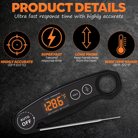 1 Second Instant Read Meat Thermometer Rechargeable Digital Kitchen Thermometer For Fast And Accurate Cooking Like A Pro For Grill And BBQ Waterproof Probe Thermometer with digital display and long waterproof probe.