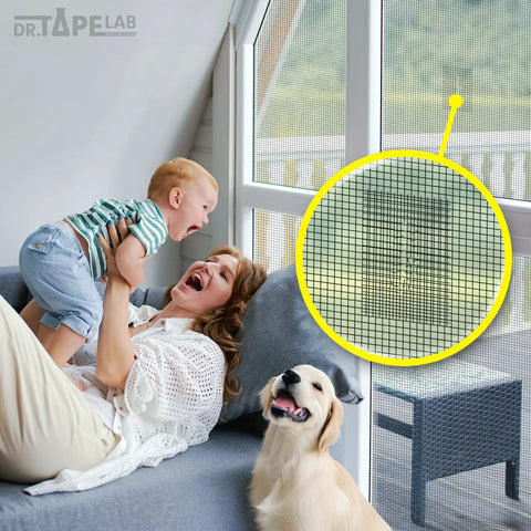 Black Window Screen Repair Tape 4 Inch By 15 Foot No Fuss Quick Patch Kit applied on a window screen in a living room setting.