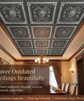 Room featuring Antique Silver 2x2 PVC Ceiling Tile Pack Of 10 for Glue-Up or Lay-In Install, durable embossed panels.