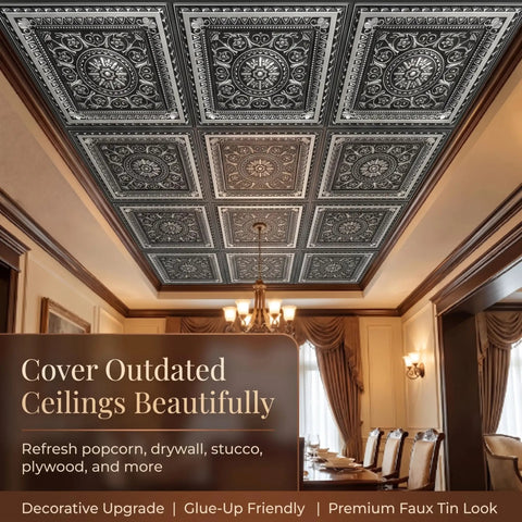 Room featuring Antique Silver 2x2 PVC Ceiling Tile Pack Of 10 for Glue-Up or Lay-In Install, durable embossed panels.