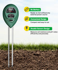 3-In-1 Soil Moisture, PH, And Sunlight Tester For Indoor Outdoor Gardening, Battery Free, device in soil showing meter dials and sensors.