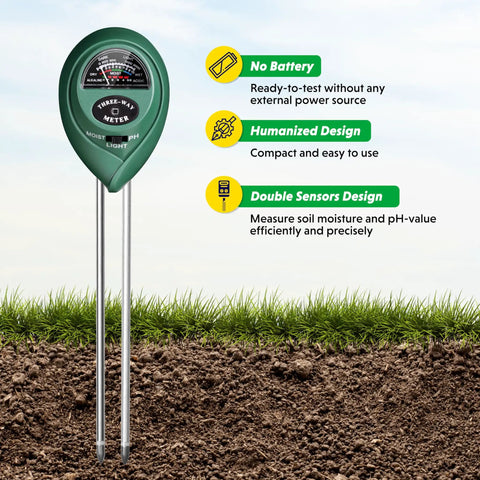 3-In-1 Soil Moisture, PH, And Sunlight Tester For Indoor Outdoor Gardening, Battery Free, device in soil showing meter dials and sensors.