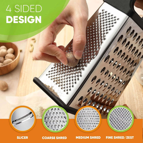 Person using Extra Large Four Sided Stainless Steel Box Grater for Parmesan, Vegetables and Ginger, showing coarse shred surface.