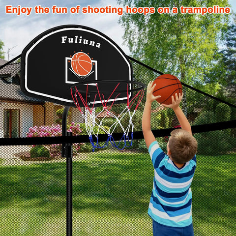 Child playing with Trampoline Basketball Hoop With Net, Easy Install Backyard Hoop For 25mm Straight Or Curved Poles, Includes Mini Ball And Pump