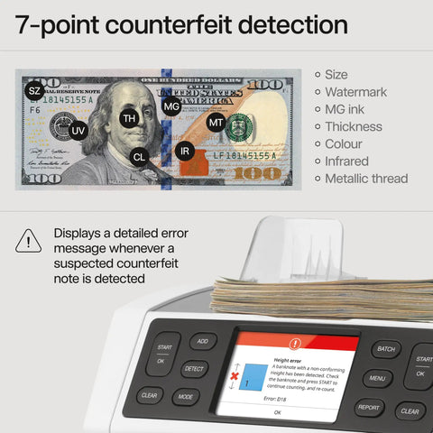 Fast Money Counter Machine With Counterfeit Detection And Mix Currency Sorting, Touch Screen Display showing error message
