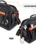 Front and side view of 42-Pocket Waterproof Tool Tote For HVAC And Electricians with steel frame and hard molded bottom.