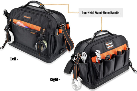 Front and side view of 42-Pocket Waterproof Tool Tote For HVAC And Electricians with steel frame and hard molded bottom.