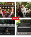 Solana 70 Gallon Storage Bench Deck Box with wood-look finish showing extra hidden storage and seating for two on patio.