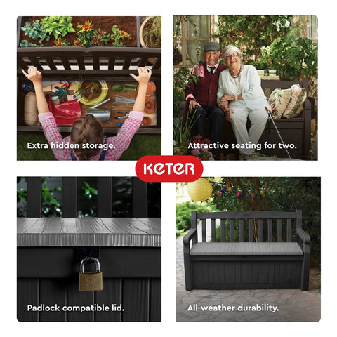 Solana 70 Gallon Storage Bench Deck Box with wood-look finish showing extra hidden storage and seating for two on patio.