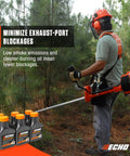 Man using outdoor power equipment with Power Blend Gold Oil Mix 50 To 1 For Two Stroke Engines, bottles visible, forest setting.