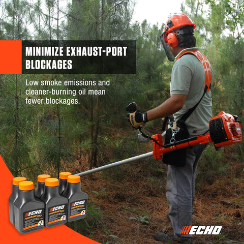 Man using outdoor power equipment with Power Blend Gold Oil Mix 50 To 1 For Two Stroke Engines, bottles visible, forest setting.