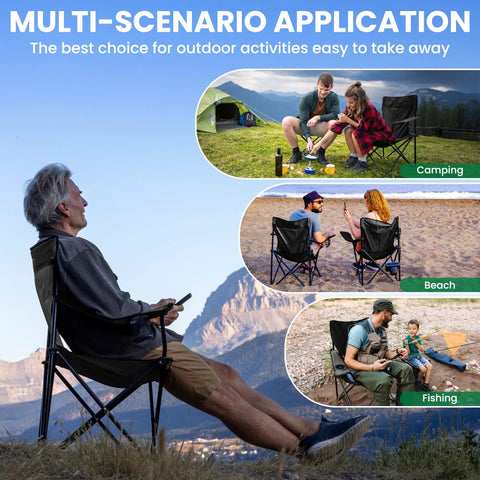 Two Pack Foldable Camping Chairs With Cup Holder 300Lb Capacity Lightweight Portable Lawn Chairs For Adults in various outdoor settings.