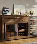 Next Level Extra Large Coffee Bar Cabinet With Fridge Space And Built In Power Outlet Luxe Mini Fridge Cabinet With Two Drawers Wine Rack Leather Handle Adjustable Shelves Bar Tray Glass Holder Sliding Door Walnut Finish Buffet Sideboard showcasing wine and coffee accessories.