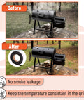Grill Gasket Sealer For Smoker One Half Inch Wide By One Eighth Inch Thick, Fifteen Feet Long, High Temperature Sealing Tape, Easy To Cut To Fit, Seals Air Leaks And Boosts BBQ Grill Performance. Before and after smoker door seal tape with no smoke leakage