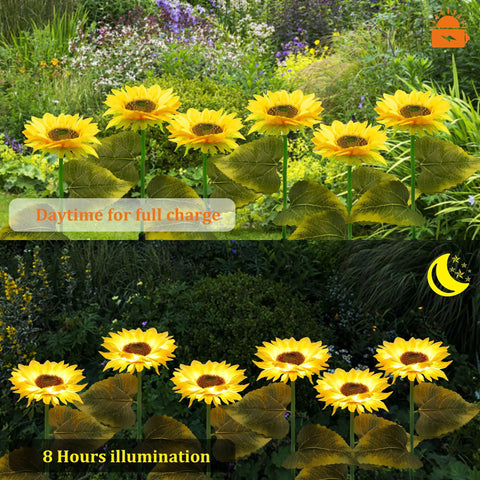 Day and night view of 2 Pack Solar Garden Stake Lights Sunflower LED Pathway Lights For Patio Lawn Garden Yard Outdoor Decor