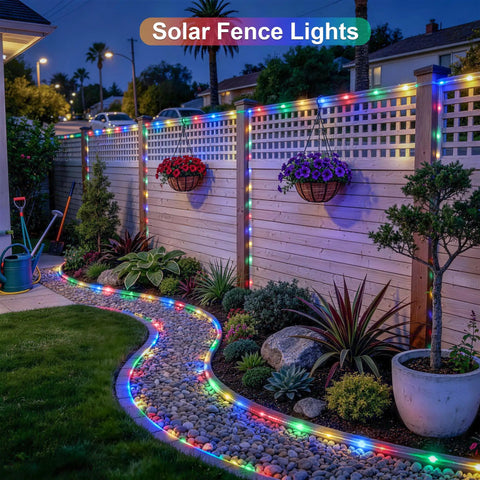 Outdoor 200 LED Solar Rope Lights, 66ft IP65 Waterproof Trampoline and Garden Decor illuminating a garden fence at night.