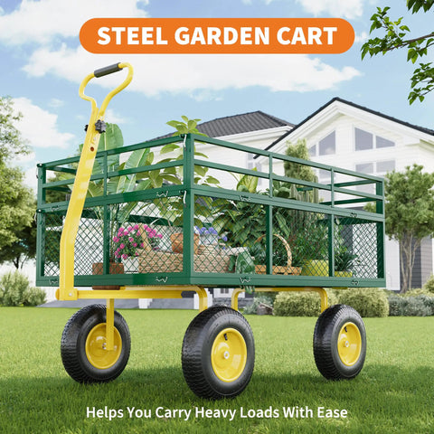 Heavy Duty Steel Garden Cart Wagon With 1400 Lb Capacity on lawn, mesh side panels, swivel handle, 13 inch all terrain tires