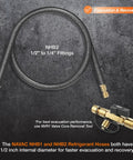 High Flow Refrigerant Hose for HVAC One Half Inch to One Quarter Inch Fittings Six Feet Long One Half Inch Inner Diameter Fast Evac