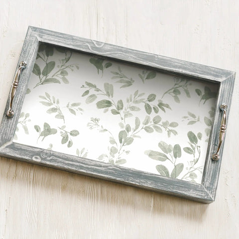 Wooden tray with Dancing Leaves Peel And Stick Wallpaper Green And White For A Quick Easy Wall Makeover No Glue Needed Removable.