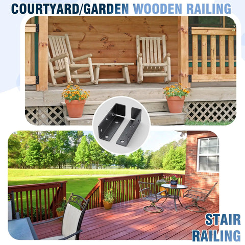 Beefy Heavy Duty Metal Deck Railing Bracket Connector For Vinyl Fence Panels To Posts Adjustable Mount shown on wooden porch