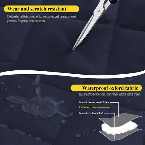 Close-up of navy Thermal Insulated Door Curtain fabric, showing wear resistance and waterproof oxford material with scissors.