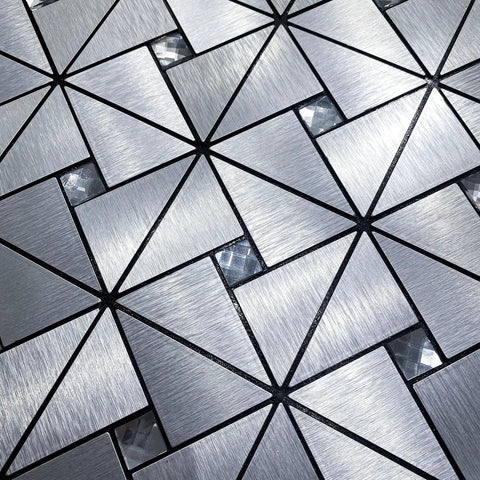 10-Sheet Peel And Stick Backsplash Tile Set For Kitchen Fireplace And Bathroom Windmill Glass In Brushed Silver Aluminum Composite 3D Metal Look