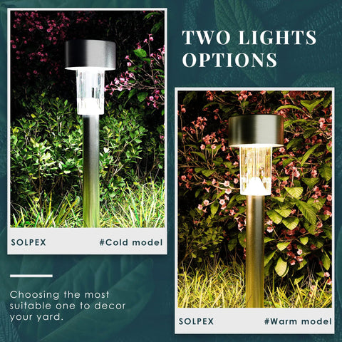 Two light models of 12 Pack Solar Pathway Lights Stainless Steel Outdoor LED Landscape Lights For Walkways Patios Lawns Yards And Driveways IP55 Waterproof Easy Setup Cold White Glow All Weather No Fuss Maintenance Free