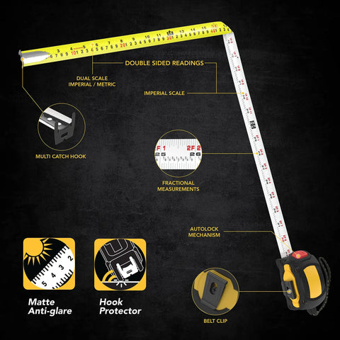 AutoLock Tape Measure 25 Feet 7 And A Half Meters With 1 Inch Nylon Coated Blade Dual Sided White Yellow Matte Scale