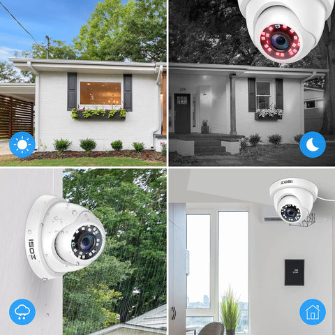 Four Pack 2MP 1080p HD TVI Dome Security Cameras Kit For Indoor And Outdoor Use, illustrating camera setup and environment.
