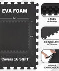 Diagram showing Interlocking EVA Foam Tile Mats 4-Pack For 16 Sq Ft Of Cushioned Flooring, with tile size and thickness details.