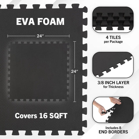 Diagram showing Interlocking EVA Foam Tile Mats 4-Pack For 16 Sq Ft Of Cushioned Flooring, with tile size and thickness details.
