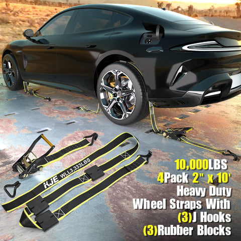 Reflective 2 Inch By 10 Foot Car Tie Down Straps 4 Pack With J Hooks And Rubber Blocks Heavy Duty on black car for hauling