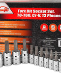 Torx Bit Socket Set 1/4 Inch And 3/8 Inch Drive With T8 To T60 Star Sizes In Chrome Vanadium Steel, 13 Pieces, with package