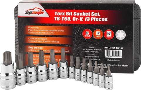 Torx Bit Socket Set 1/4 Inch And 3/8 Inch Drive With T8 To T60 Star Sizes In Chrome Vanadium Steel, 13 Pieces, with package
