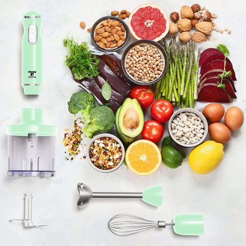 Real Talk Kickin Electric Hand Blender With Egg Whisk And Food Chopper 300 Watt Stick Mixer with ingredients for meals.