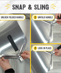 Illustration showing the folding mechanism of the Extra Large Stainless Steel Pizza Peel With Folding Handle For Indoors Or Outdoors Ovens Dishwasher Safe Metal Pizza Paddle 13 Inch By 15 Inch Heavy Duty Pro Grade Oven Accessory For Easy Pie Lifts And Quick Cleanup.