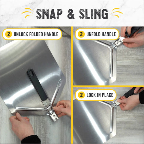 Illustration showing the folding mechanism of the Extra Large Stainless Steel Pizza Peel With Folding Handle For Indoors Or Outdoors Ovens Dishwasher Safe Metal Pizza Paddle 13 Inch By 15 Inch Heavy Duty Pro Grade Oven Accessory For Easy Pie Lifts And Quick Cleanup.