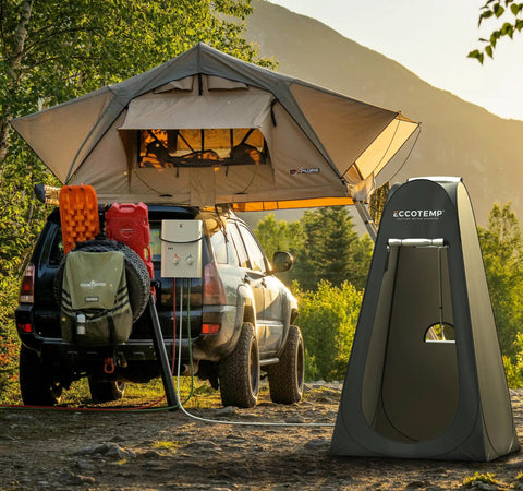Top Shelf Portable Tankless Hot Water Heater Delivers Fast Five Liter Per Minute Hot Flow No Sweat For Tailgating Camping RV Conversions and Outdoor Cleaning Tasks, compact design near a car.