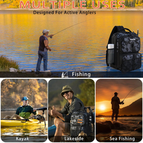 Image showing All In One Fishing Backpack Kit With 139 Lures Tackle Boxes Pliers Scissors And Gear 25L Lightweight Camo Bag With Rod Holders for various fishing environments.