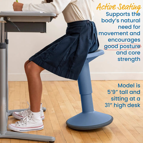 SitWell Wobble Stool With Adjustable Height For Active Seating In Classrooms And Libraries, blue stool supporting posture.