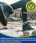Hiking boot stepping on rocks in water, showcasing Slow Dry Shoe Glue For Sole Repair Pro Grade Waterproof Clear Adhesive