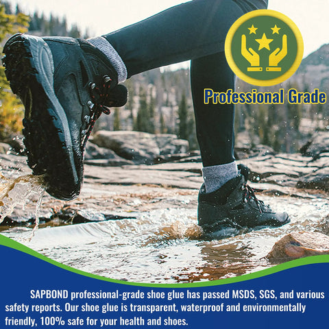 Hiking boot stepping on rocks in water, showcasing Slow Dry Shoe Glue For Sole Repair Pro Grade Waterproof Clear Adhesive