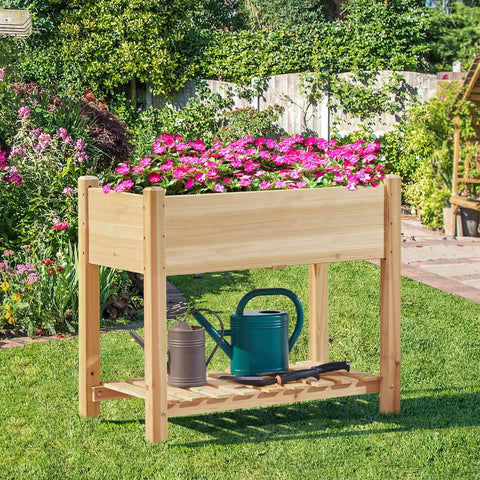 Raised Garden Bed Planter With Legs And Storage Shelf Wooden Elevated Plant Bed For Vegetables And Flowers, light brown