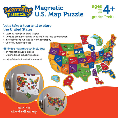 Magnetic US Map Puzzle for Kids with 43 magnetic pieces showing states, shapes, and landmarks for hands-on learning and critical thinking.