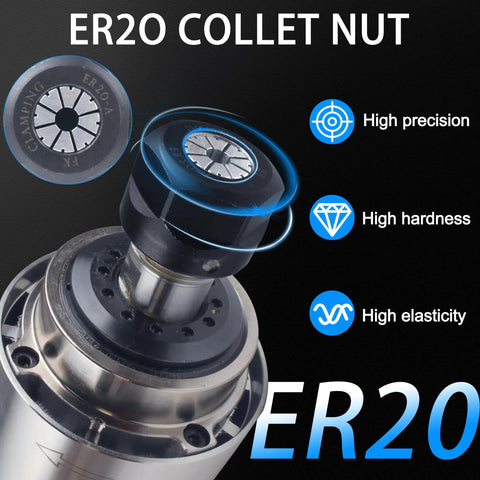 ER20 collet nut on Beast Two Point Two KW Air Cooled CNC Spindle Motor ER20 110V With VFD Inverter 24000 RPM High Speed Kit